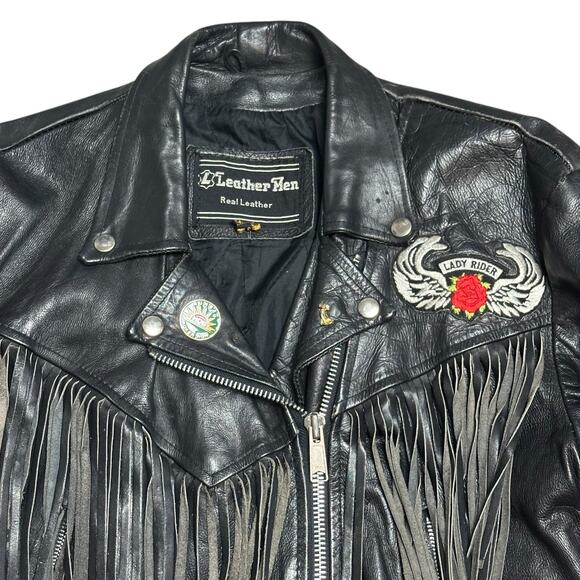 Vintage Leather Fringe Motorcycle Jacket Cropped Harley Biker Lady Rider Sz M - Picture 5 of 11